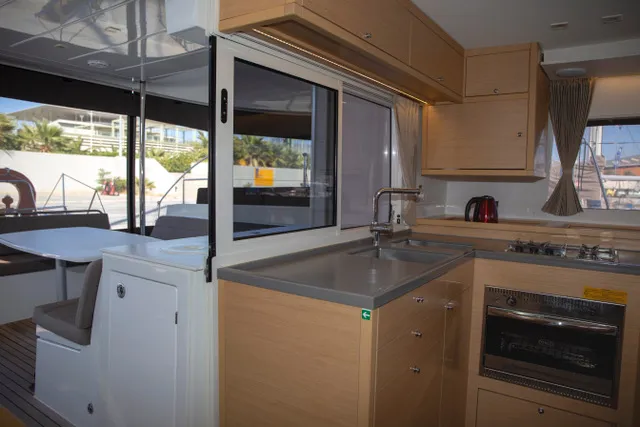 Galley of Satyam Melody, a Lagoon 450 Sport catamaran at Piraeus, Greece