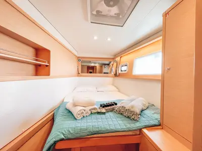 Cabin on Satyam Melody, a Lagoon 450 Sport catamaran at Piraeus, Greece