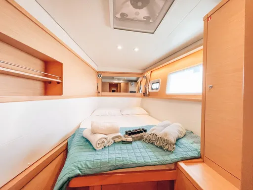 Cabin on Satyam Melody, a Lagoon 450 Sport catamaran at Piraeus, Greece