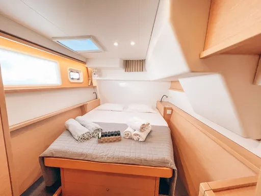 Cabin on Satyam Melody, a Lagoon 450 Sport catamaran at Piraeus, Greece