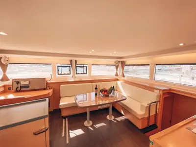 Salon of Satyam Melody, a Lagoon 450 Sport catamaran at Piraeus, Greece