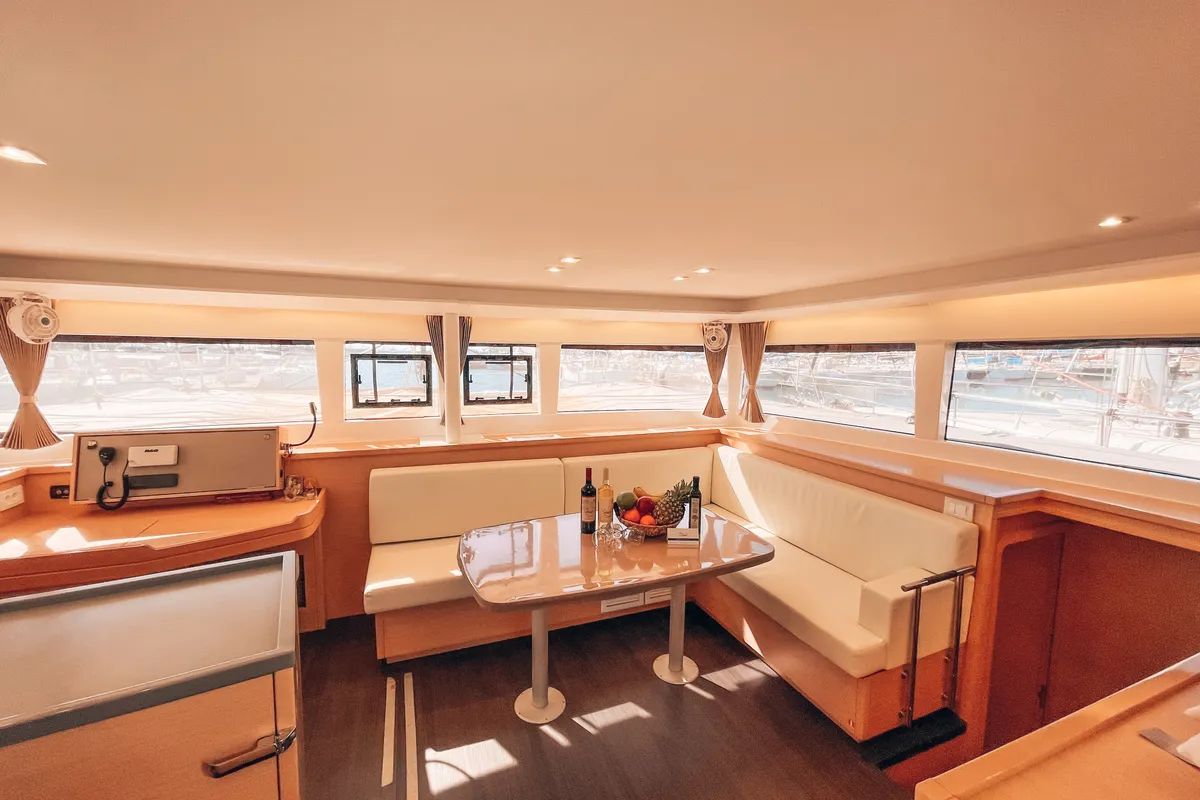 Salon of Satyam Melody, a Lagoon 450 Sport catamaran at Piraeus, Greece