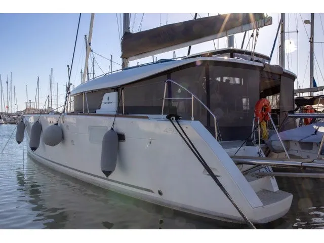 Exterior view of Satyam Melody, a Lagoon 450 Sport catamaran at Piraeus, Greece