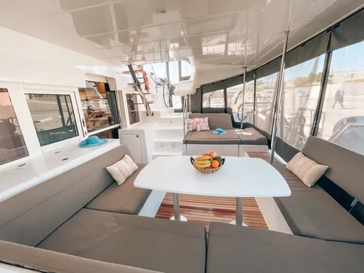 Deck of Satyam Melody, a Lagoon 450 Sport catamaran at Piraeus, Greece
