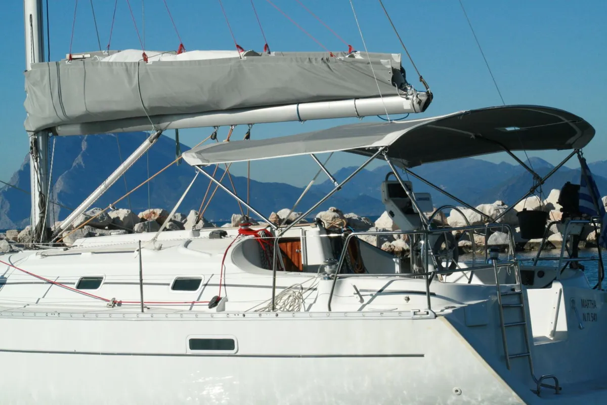 Deck of Martha, a Beneteau Oceanis 331 sailboat at Municipal Unit of Lefkada, Greece
