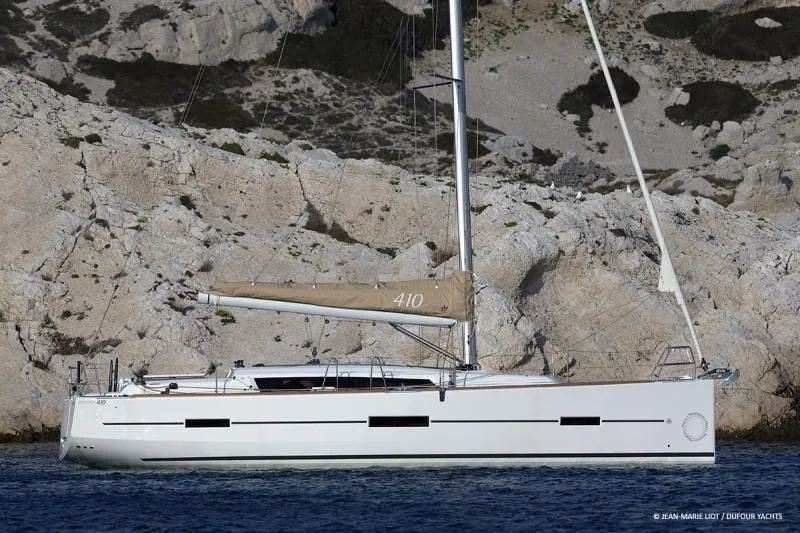 Exterior view of Freedom, a Dufour 410 GL sailboat at Athens, Greece