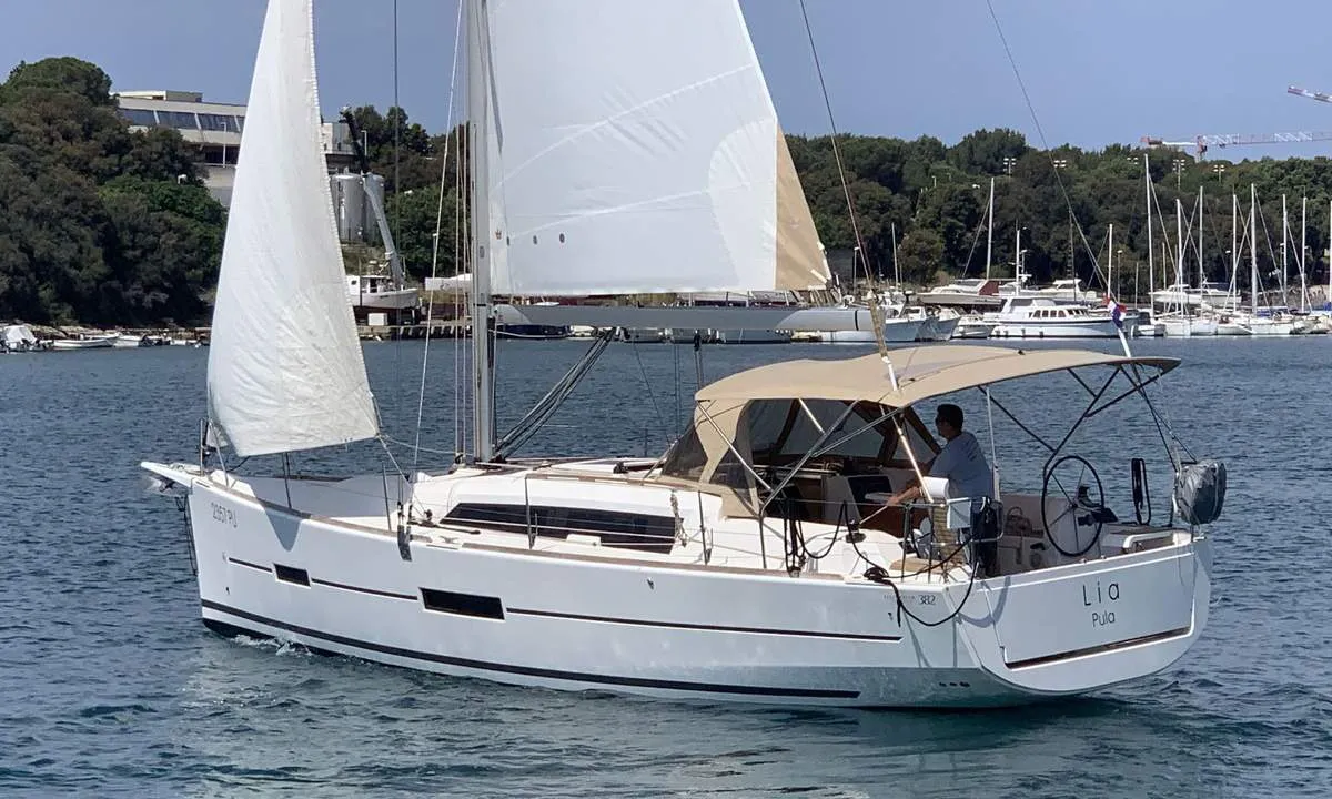 Exterior view of Lia, a Dufour 382 GL sailboat at Barth, Germany