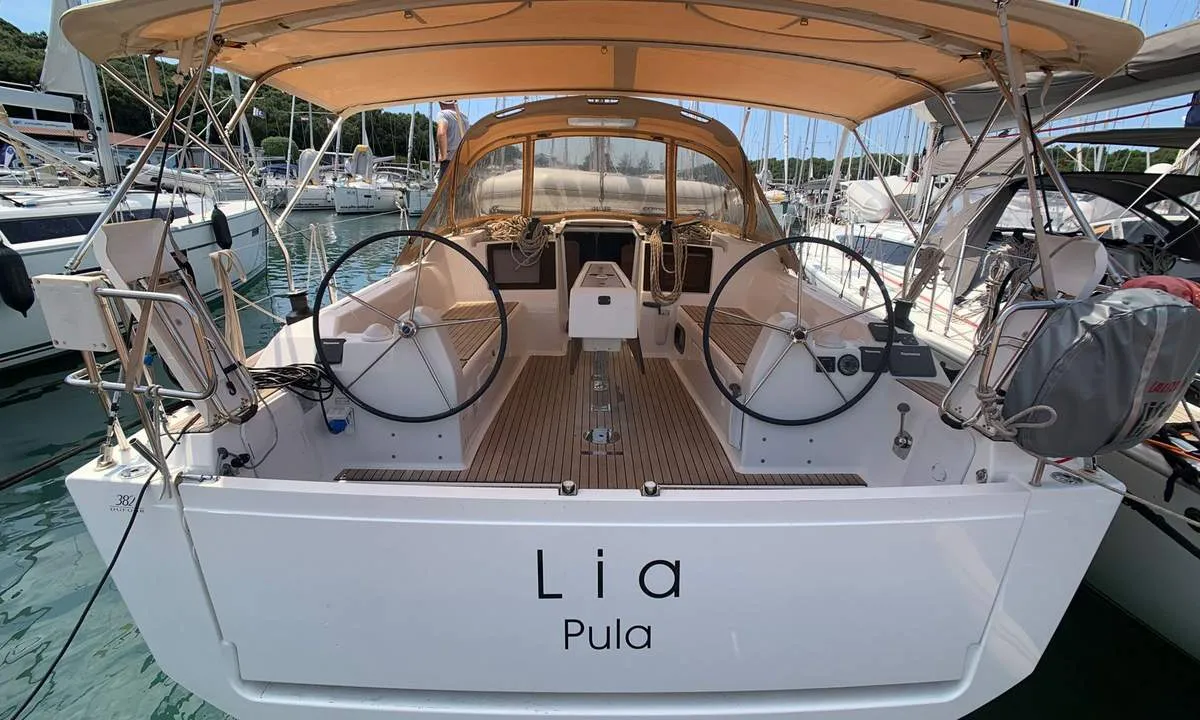 Cockpit of Lia, a Dufour 382 GL sailboat at Barth, Germany