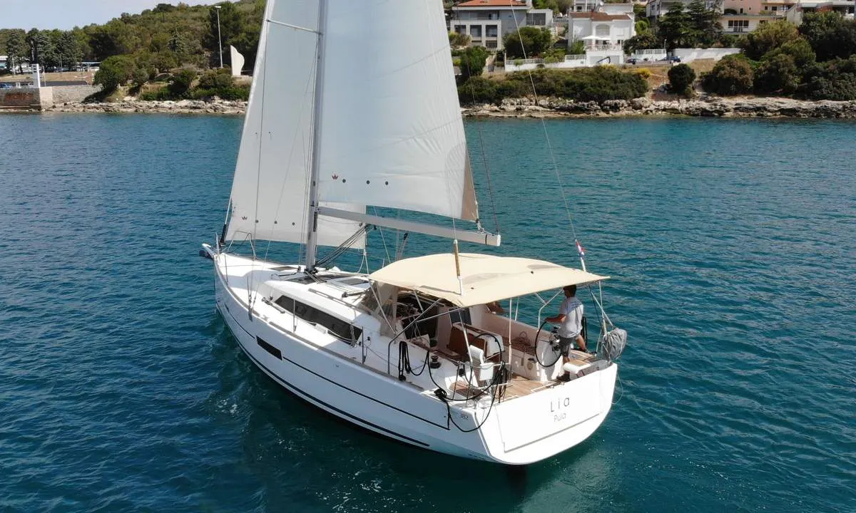 Exterior view of Lia, a Dufour 382 GL sailboat at Barth, Germany