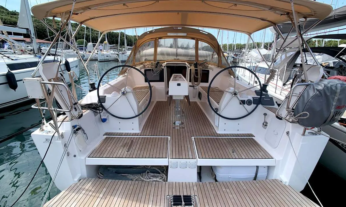 Cockpit of Lia, a Dufour 382 GL sailboat at Barth, Germany