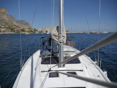 Panarea, a Dufour 430 sailboat at Tonnarella, Italy
