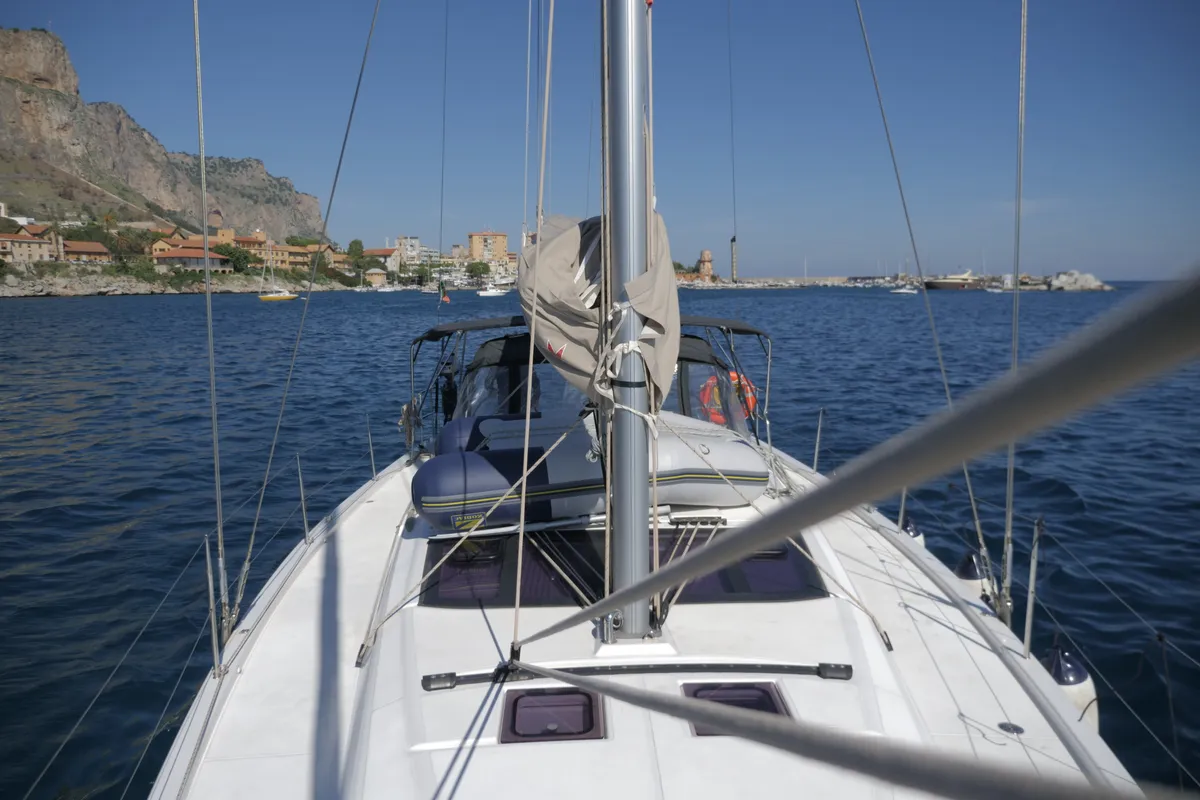 Panarea, a Dufour 430 sailboat at Tonnarella, Italy
