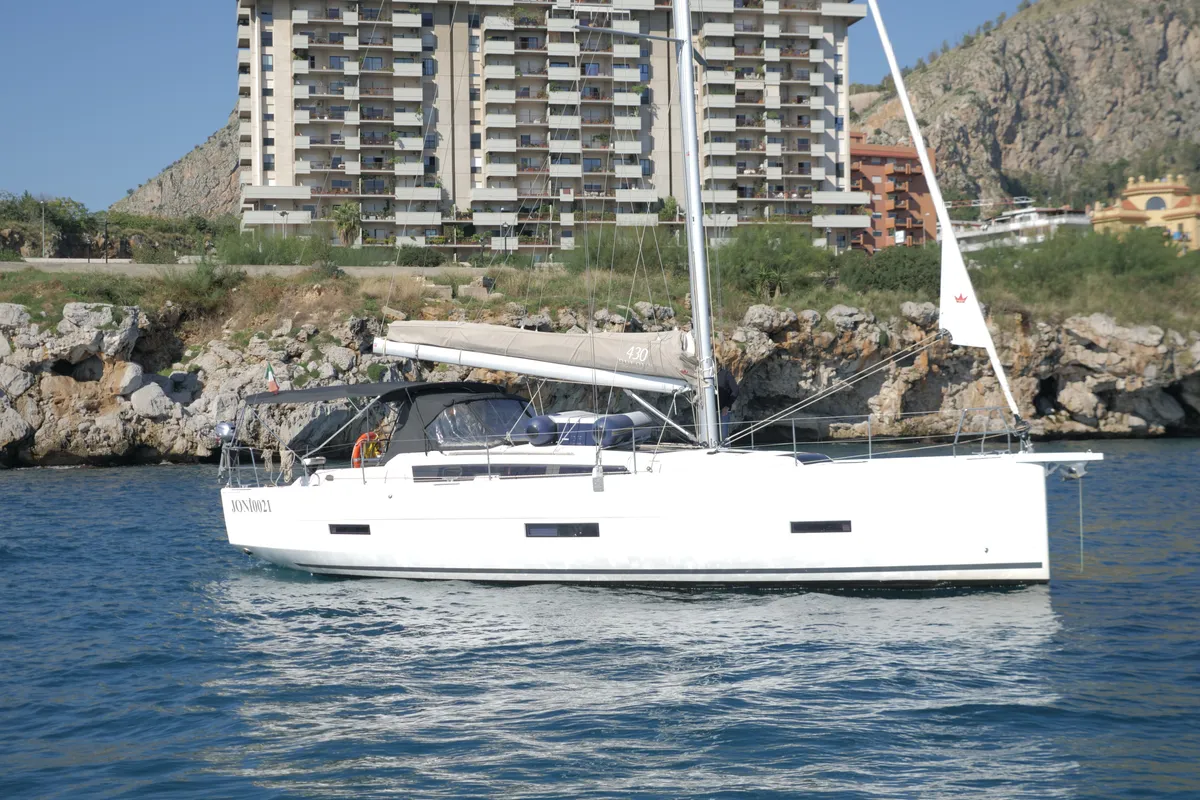 Panarea, a Dufour 430 sailboat at Tonnarella, Italy