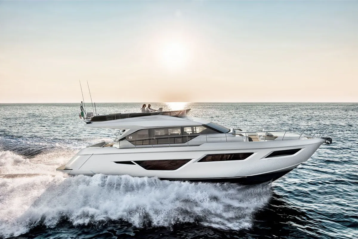 Exterior view of Seven, a Ferretti 500 motorboat at Palma de Mallorca, Spain