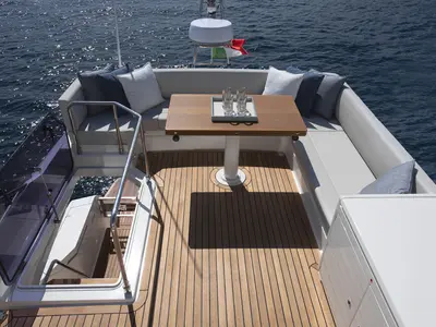 Deck of Seven, a Ferretti 500 motorboat at Palma de Mallorca, Spain