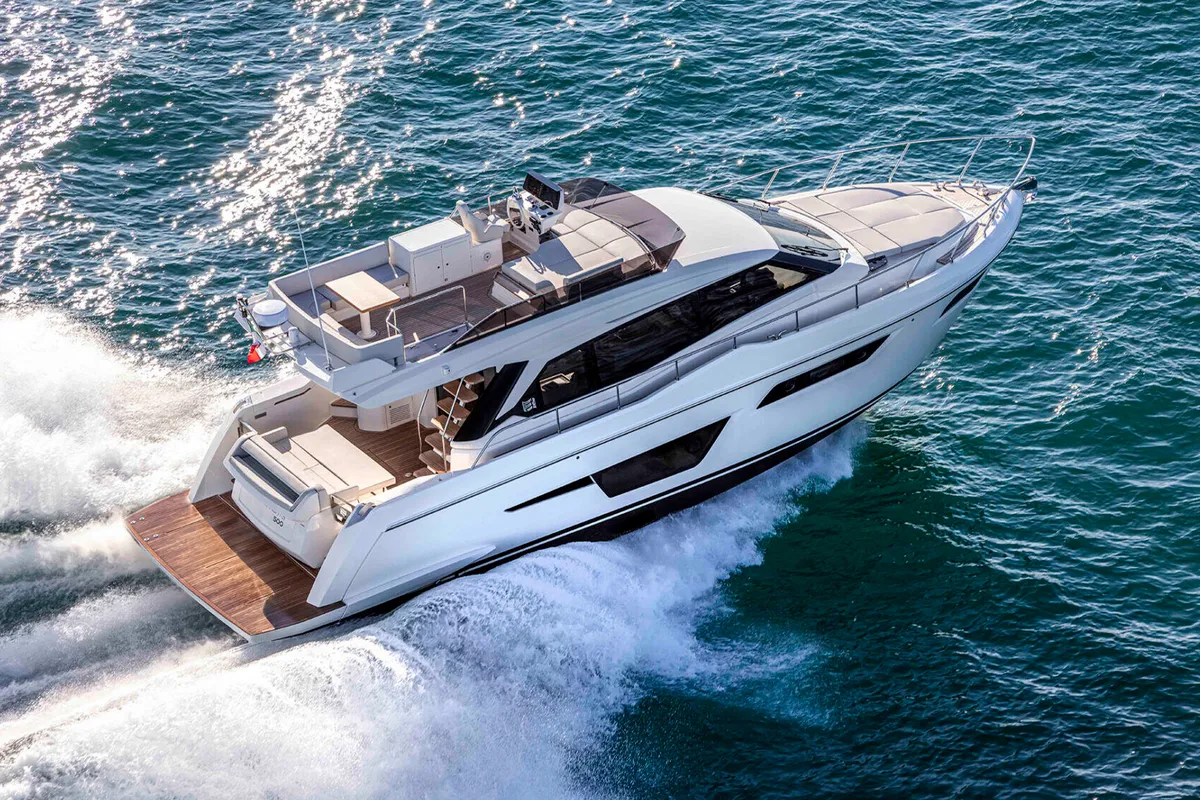 Exterior view of Seven, a Ferretti 500 motorboat at Palma de Mallorca, Spain