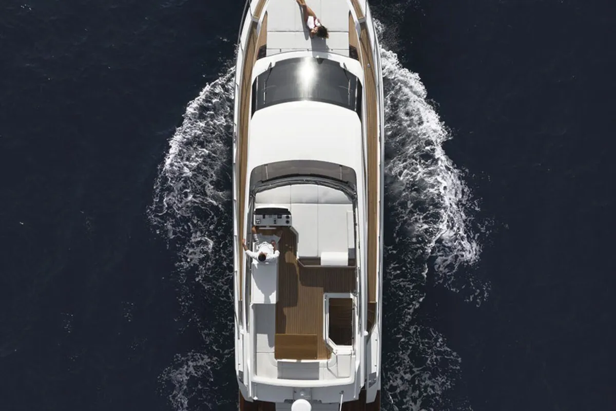 Exterior view of Seven, a Ferretti 500 motorboat at Palma de Mallorca, Spain