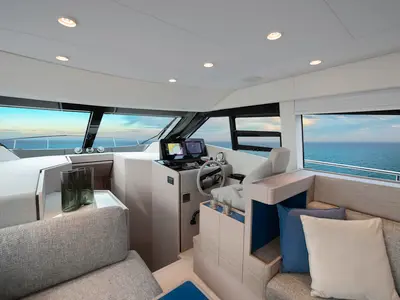 Cockpit of Seven, a Ferretti 500 motorboat at Palma de Mallorca, Spain