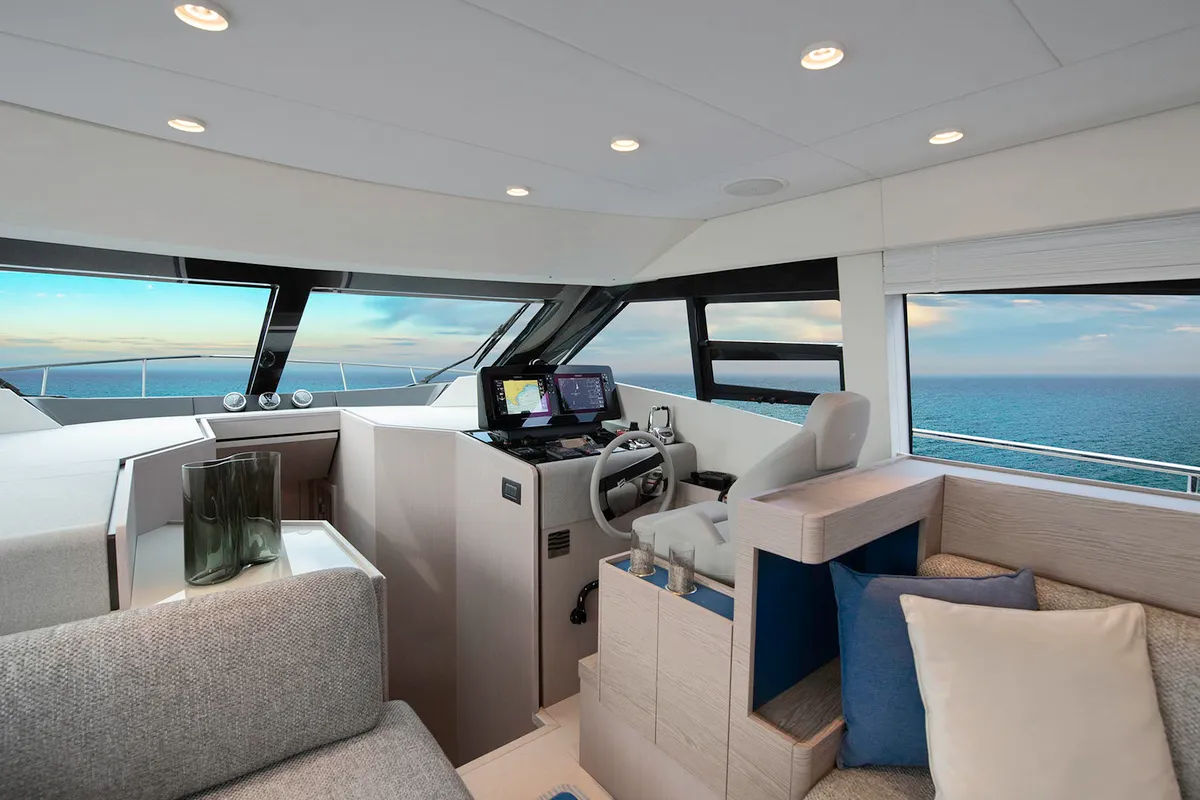 Cockpit of Seven, a Ferretti 500 motorboat at Palma de Mallorca, Spain