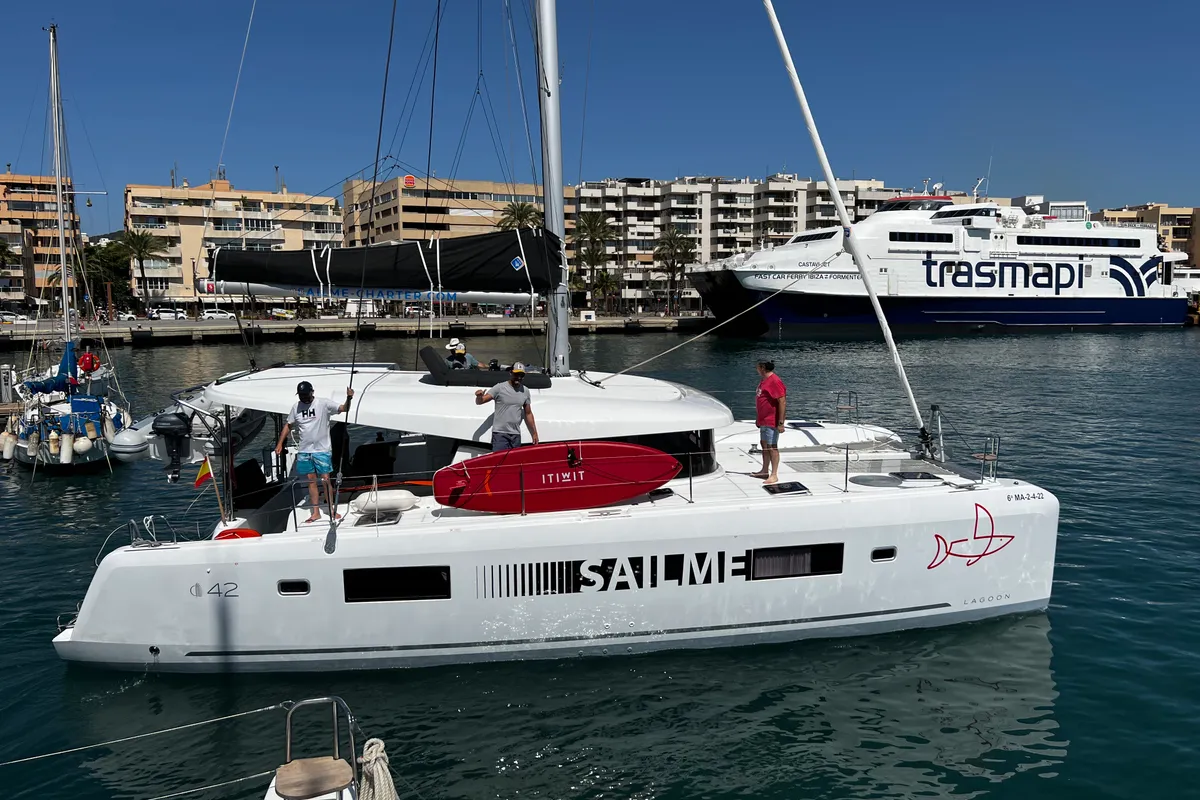 Exterior view of Odessa, a Lagoon 42 catamaran at Ibiza, Spain