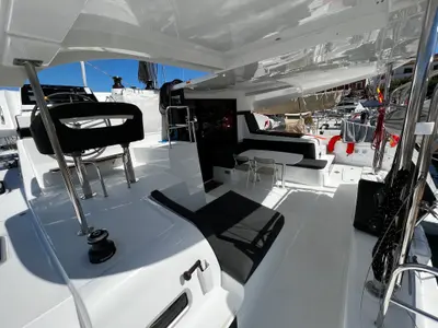 Cockpit of Odessa, a Lagoon 42 catamaran at Ibiza, Spain