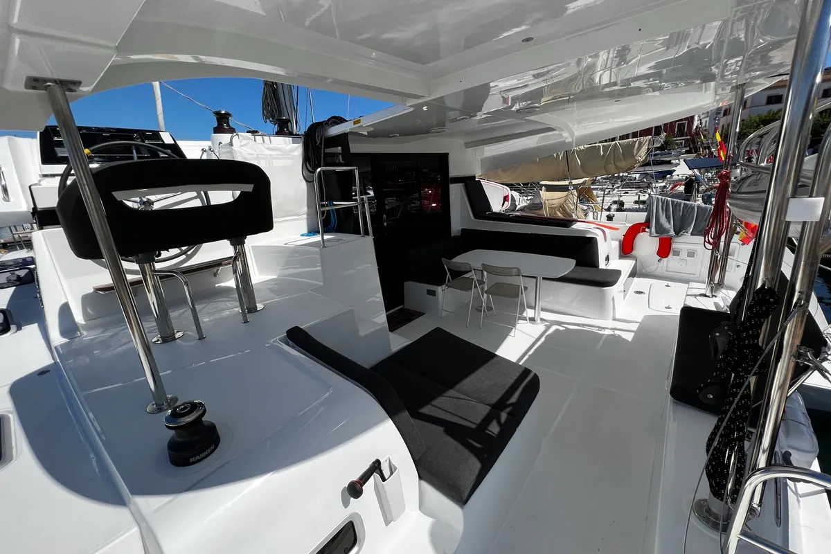 Cockpit of Odessa, a Lagoon 42 catamaran at Ibiza, Spain