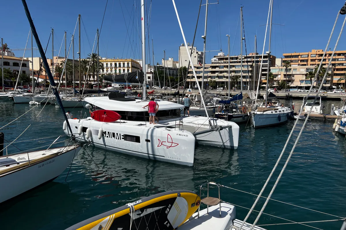 Exterior view of Odessa, a Lagoon 42 catamaran at Ibiza, Spain