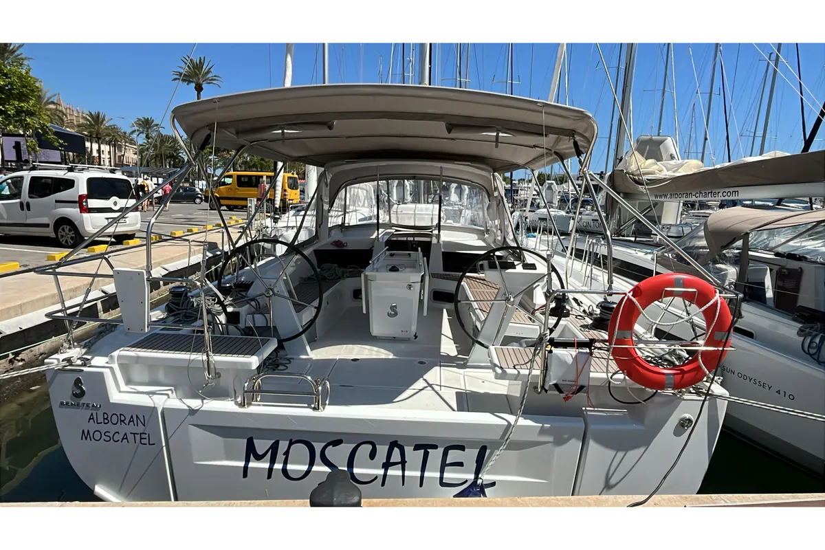 Exterior view of Alboran Moscatel, a Beneteau Oceanis 51.1 sailboat at es Jonquet, Spain