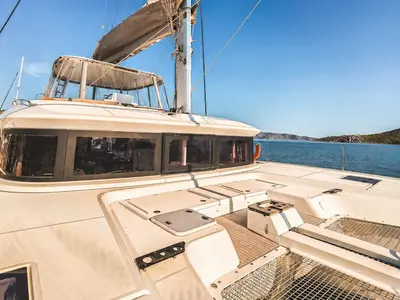 Alpha, a Lagoon 51 catamaran at Agios Stefanos, Greece