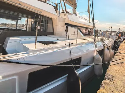 Alpha, a Lagoon 51 catamaran at Agios Stefanos, Greece