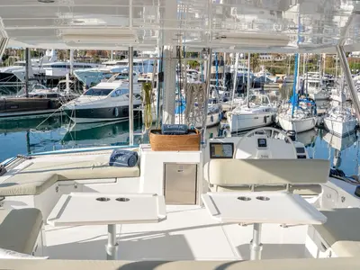 Deck of GALOE, a Bali 5.4 catamaran at Antibes, France