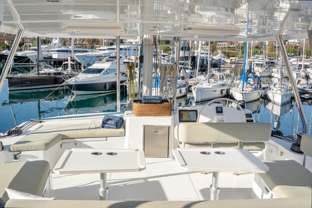 Deck of GALOE, a Bali 5.4 catamaran at Antibes, France