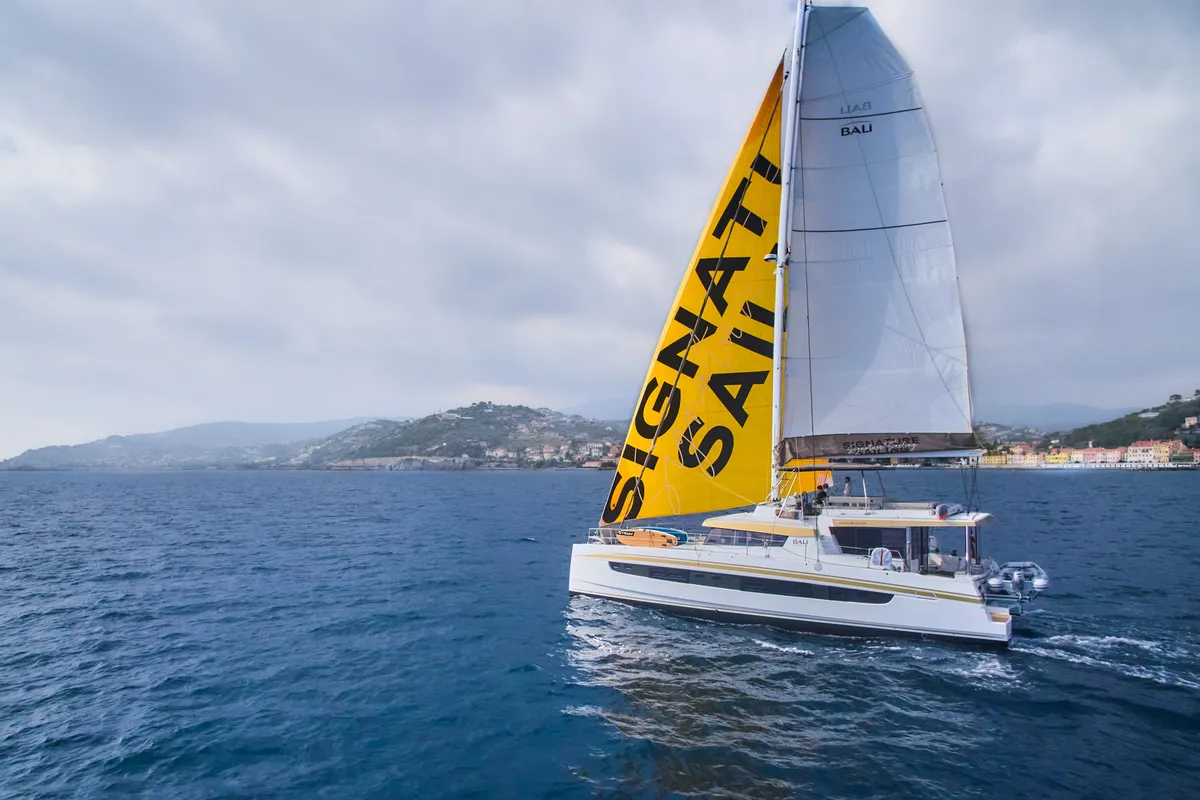 Exterior view of GALOE, a Bali 5.4 catamaran at Antibes, France