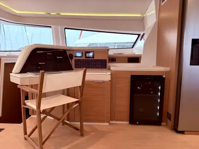 Cockpit of GALOE, a Bali 5.4 catamaran at Antibes, France