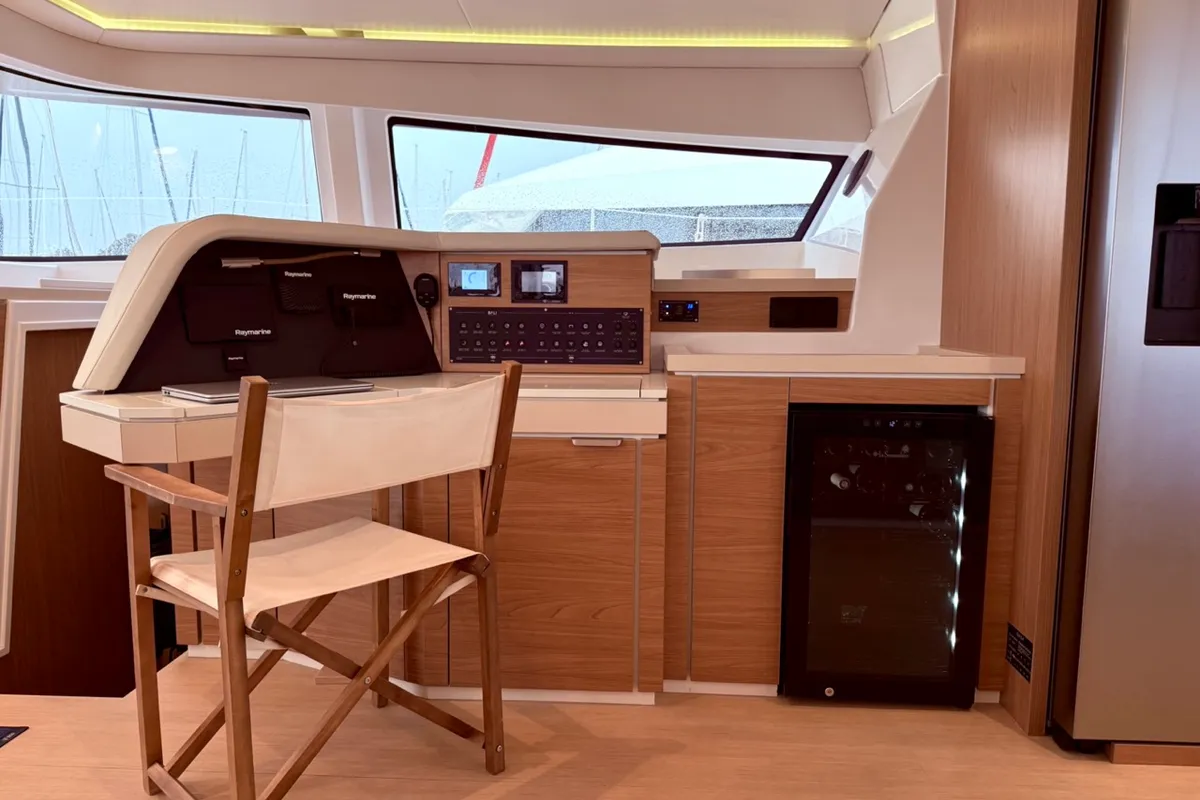 Cockpit of GALOE, a Bali 5.4 catamaran at Antibes, France