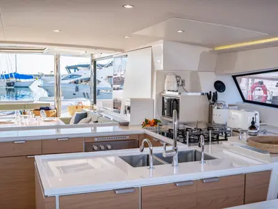 Galley of GALOE, a Bali 5.4 catamaran at Antibes, France