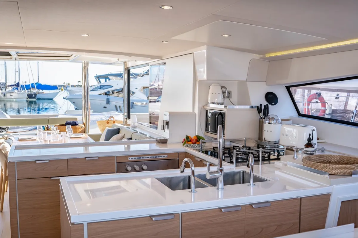 Galley of GALOE, a Bali 5.4 catamaran at Antibes, France