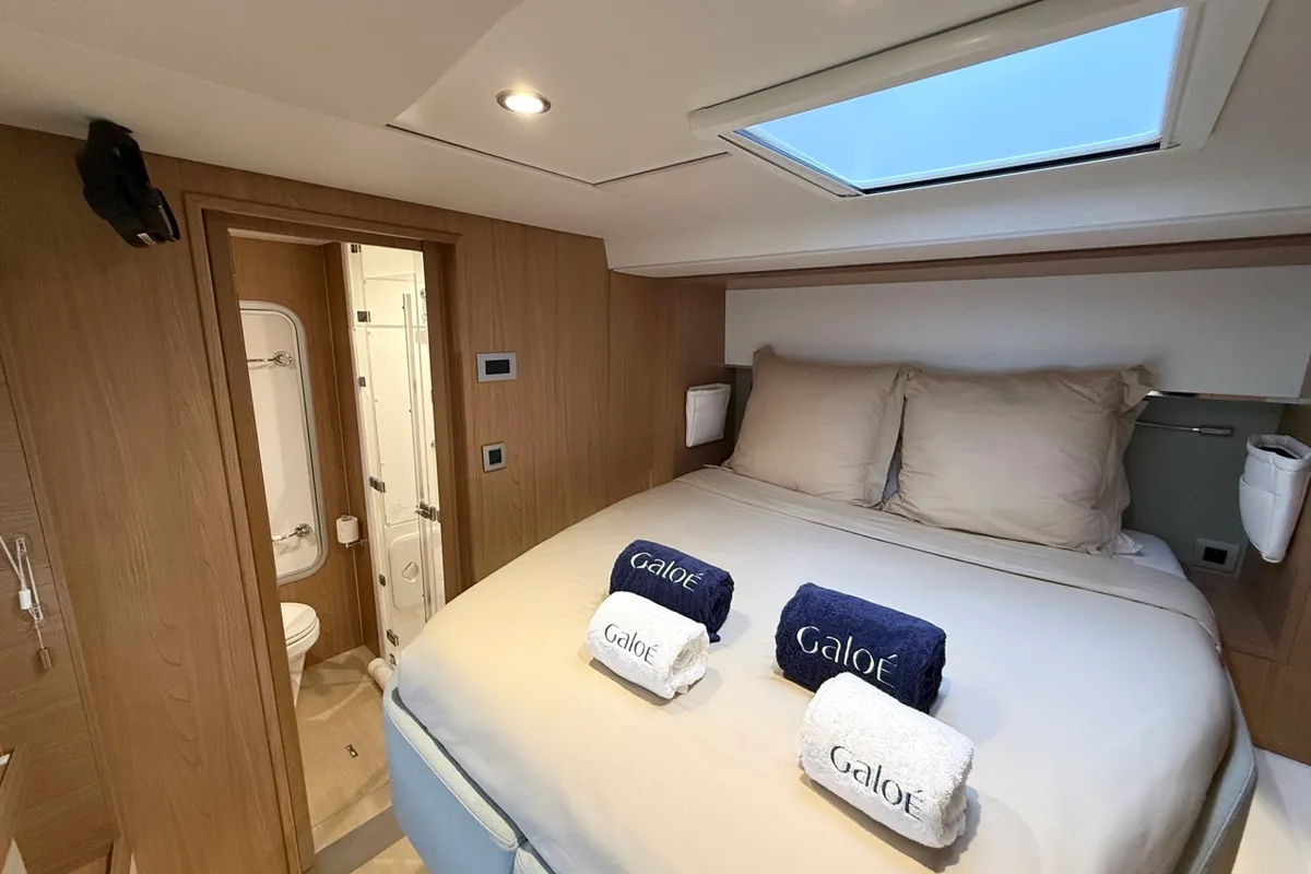 Cabin on GALOE, a Bali 5.4 catamaran at Antibes, France