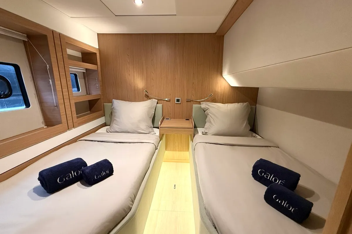 Cabin on GALOE, a Bali 5.4 catamaran at Antibes, France