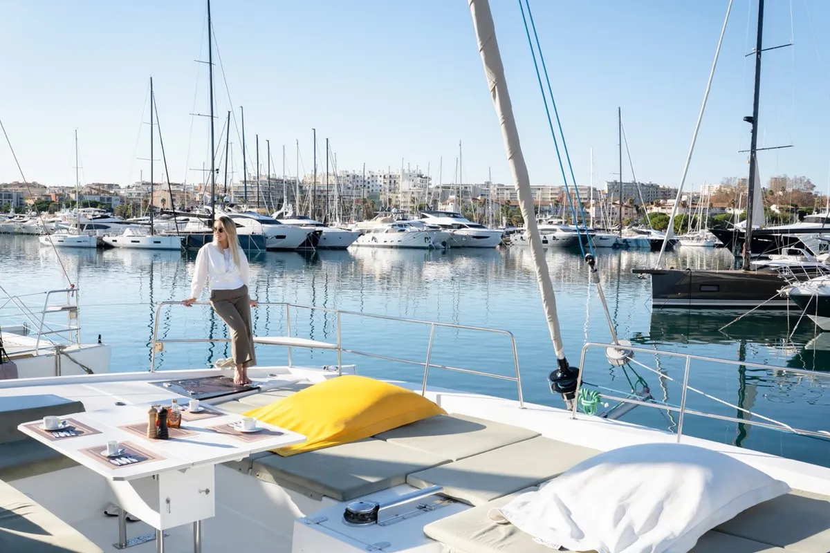 Deck of GALOE, a Bali 5.4 catamaran at Antibes, France