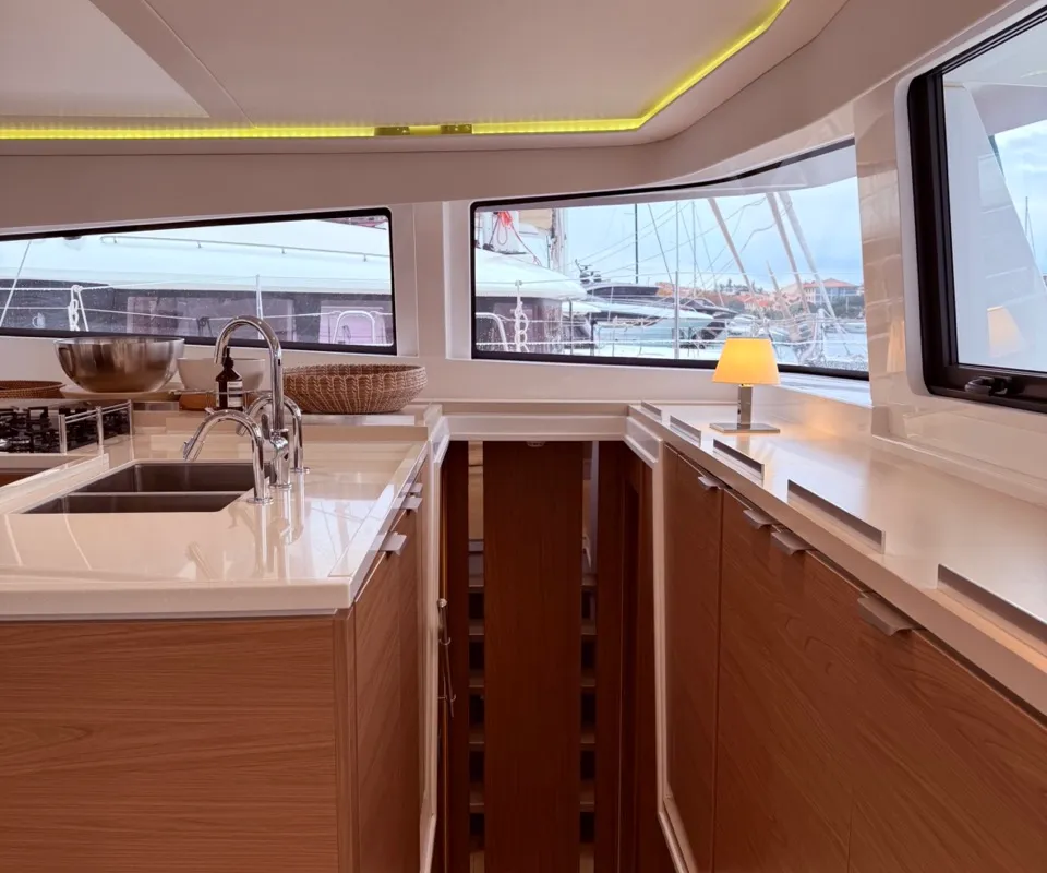 Galley of GALOE, a Bali 5.4 catamaran at Antibes, France