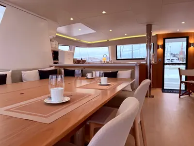 Salon of GALOE, a Bali 5.4 catamaran at Antibes, France
