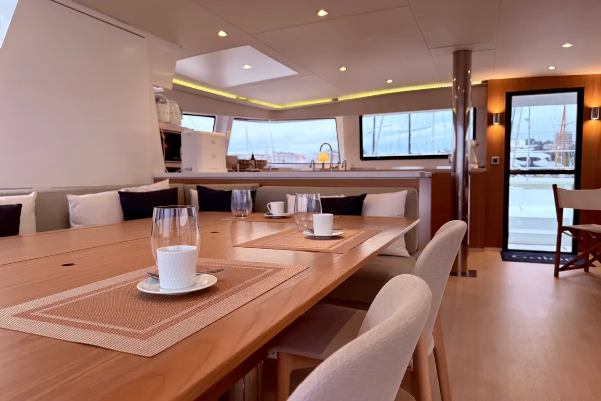 Salon of GALOE, a Bali 5.4 catamaran at Antibes, France