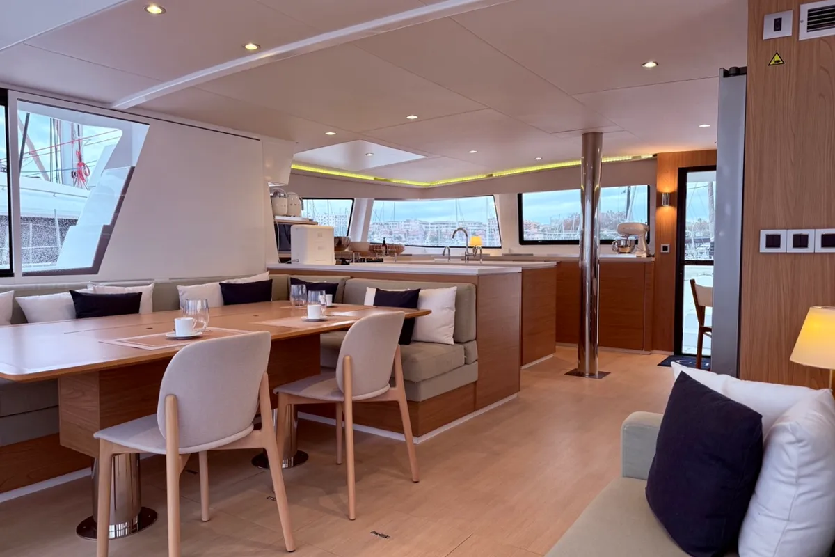 Salon of GALOE, a Bali 5.4 catamaran at Antibes, France