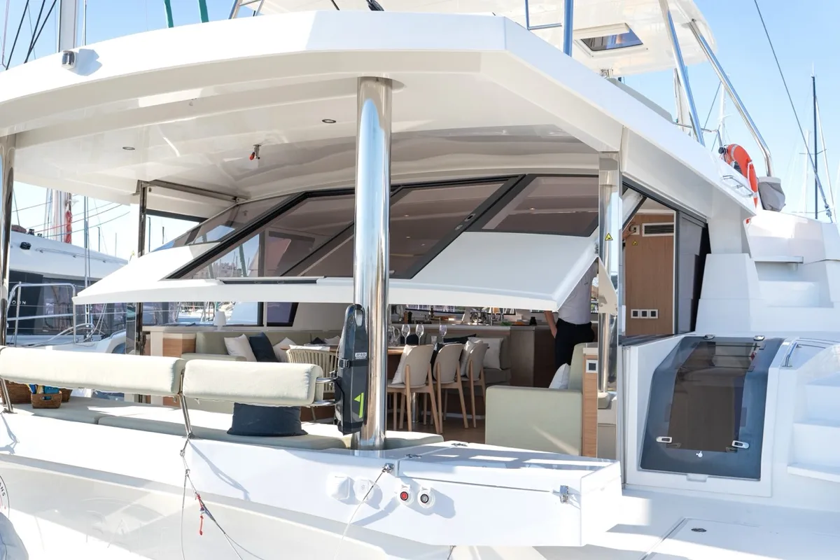 Exterior view of GALOE, a Bali 5.4 catamaran at Antibes, France