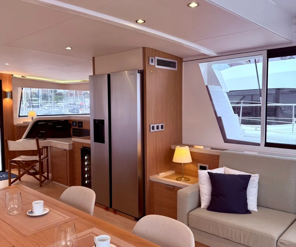 Salon of GALOE, a Bali 5.4 catamaran at Antibes, France