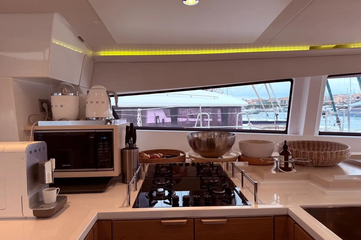 Galley of GALOE, a Bali 5.4 catamaran at Antibes, France