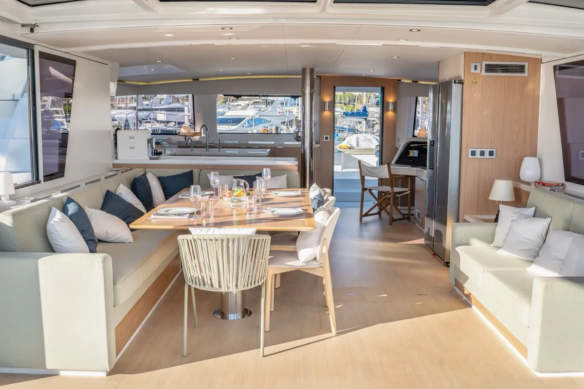 Salon of GALOE, a Bali 5.4 catamaran at Antibes, France