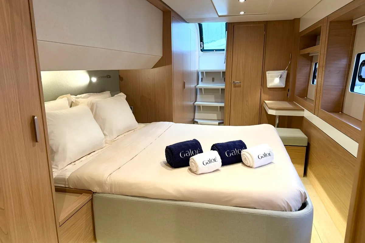 Cabin on GALOE, a Bali 5.4 catamaran at Antibes, France