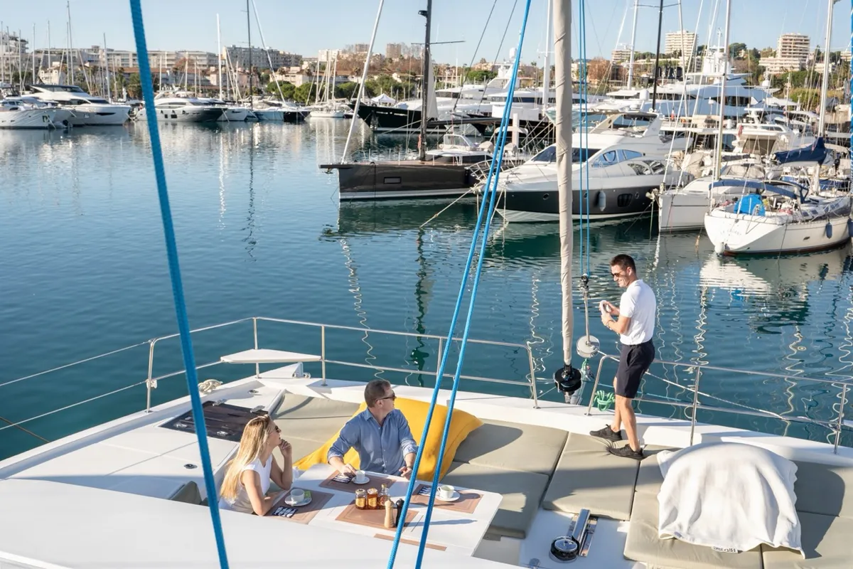 Deck of GALOE, a Bali 5.4 catamaran at Antibes, France